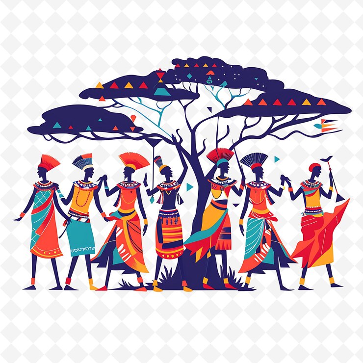 PSD vibrant maasai warriors dancing design is colorful and dynam illustration cutural landscape view