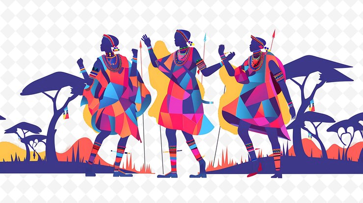 PSD vibrant maasai warriors dancing design is colorful and dynam illustration cutural landscape view