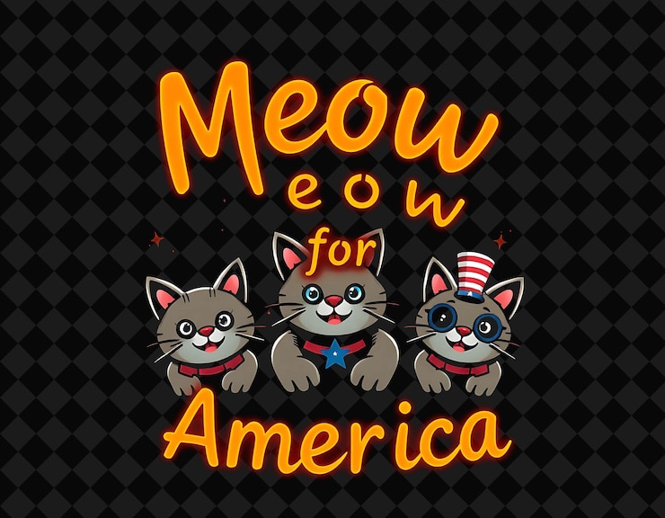 PSD vibrant meow for america texto brilha com laranja e mandarina de néon com bonitos mascotes de gato com