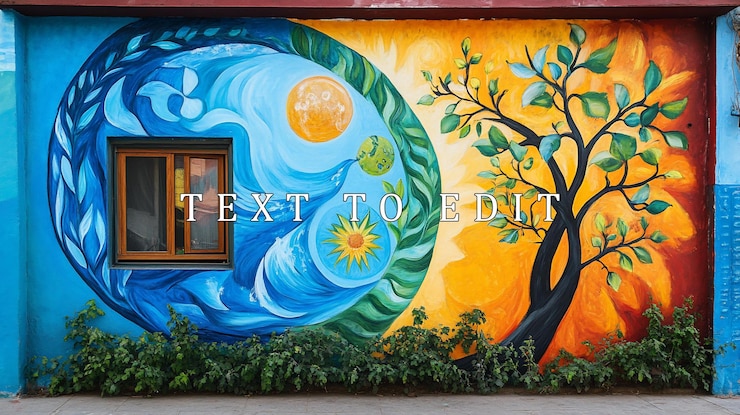 PSD vibrant mural depicting sun tree water and window on a building