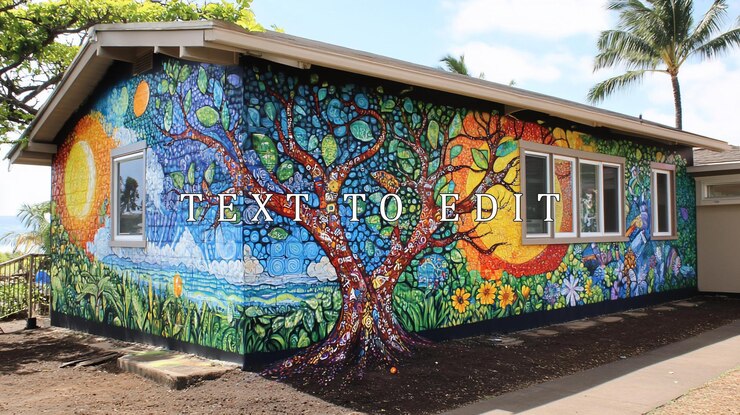 PSD vibrant mural of a tree of life painted on a buildings exterior wall