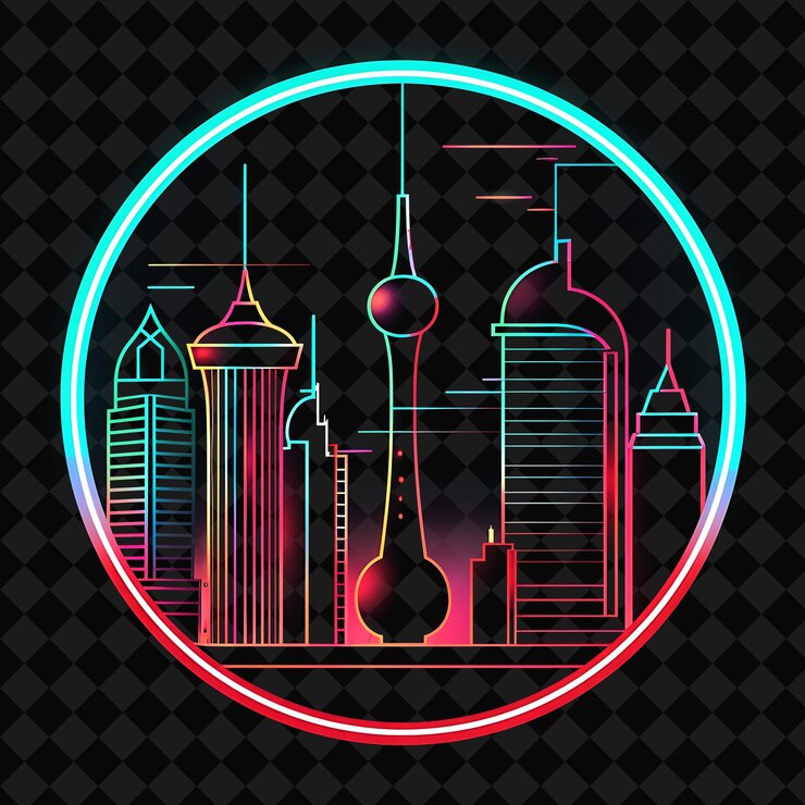 PSD vibrant neon panorama de la ciudad de kuwait dentro de una silueta geométrica png y2k monoline cityscape collage art