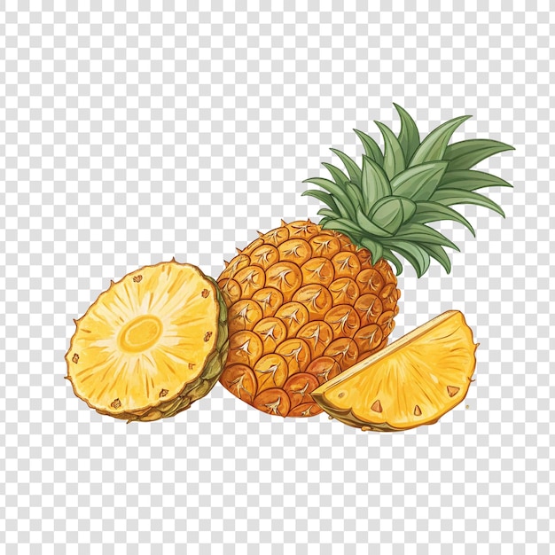 A vibrant realistic illustration of fresh pineapple slices and a whole pineapple