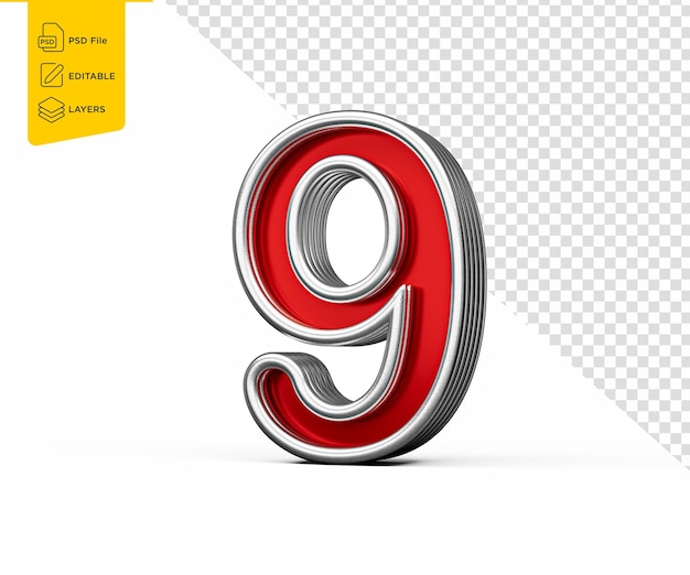 Vibrant Red Number Nine 9 mit metallischem Glanz und abgeschrägten Rändern auf weißem Hintergrund 3D-Illustration