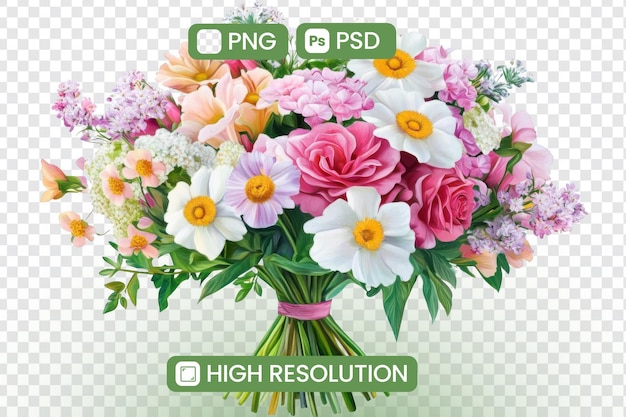 Vibrant Spring Bouquet Roses Daisies and Lilacs in HighResolution PNG und PSD Formaten Perfekt für digitale Designprojekte und künstlerische Inspirationen Eine farbenfrohe Feier der blumigen Schönheit