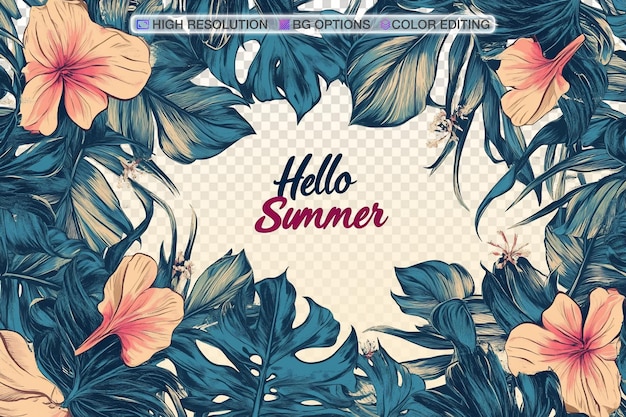 Vibrant Tropical Flower and Leaf Pattern with Hello Summer Message
