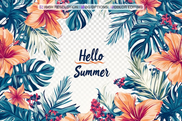Vibrant Tropical Flower and Leaf Pattern with Hello Summer Message