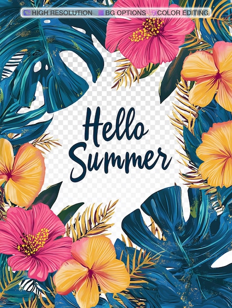 Vibrant Tropical Flower and Leaf Pattern with Hello Summer Message