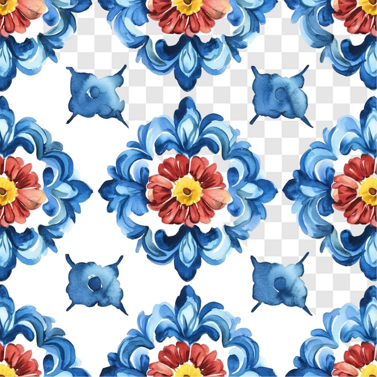 PSD vibrante acuarela diseño floral flores azules y rojas patrón elegante