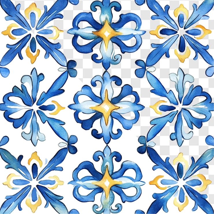 PSD vibrante azul y oro acuarela patrón de azulejos diseño elegante decoración encantadora