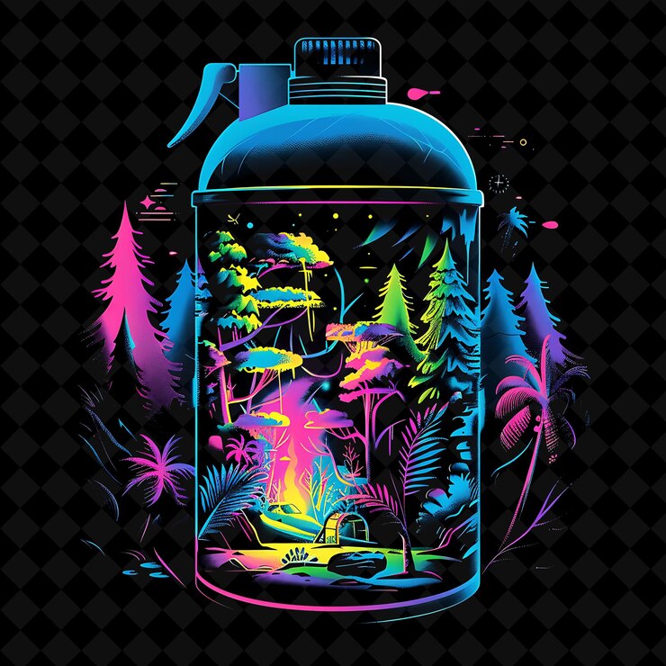PSD vibrante bosque de graffiti de neón dentro de una lata de spray de silueta l paisaje artístico de neón de png