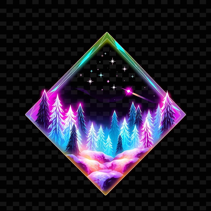 PSD el vibrante bosque de neón helado dentro de un paisaje de diamantes de silueta tiene árboles helados con cristales brillantes