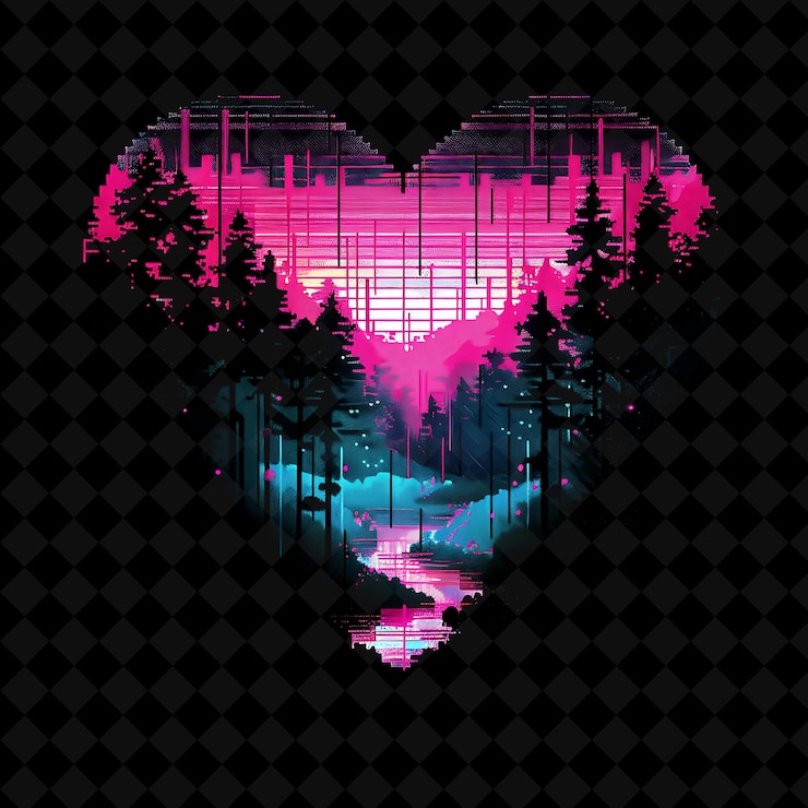 PSD vibrante bosque pixelado de neón en una silueta en forma de corazón l paisaje artístico de neón de png