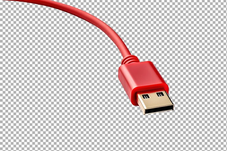 PSD un vibrante cable usb rojo descansa sobre un fondo blanco puro que muestra su diseño elegante y practicidad para la conectividad moderna