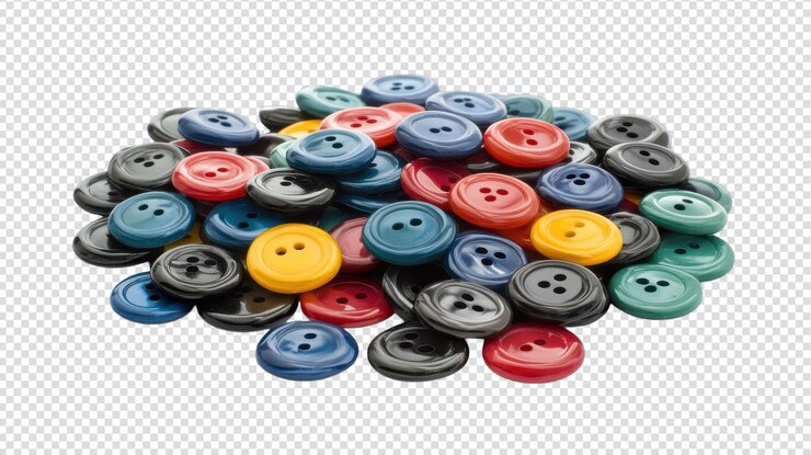 PSD una vibrante colección de botones coloridos apilados juntos en una superficie blanca perfecta para proyectos de artesanía e inspiración de diseño