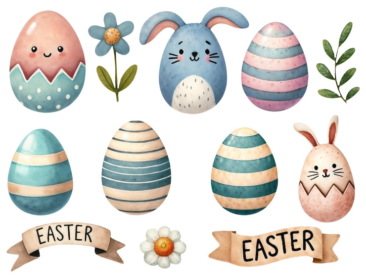 PSD una vibrante colección de decoraciones de pascua con diferentes huevos en colores pastel un pollito pequeño