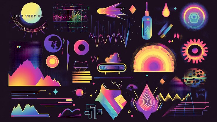 PSD vibrante colección de elementos de diseño gráfico abstracto con formas geométricas, visualizaciones de datos y motivos cósmicos en un fondo oscuro