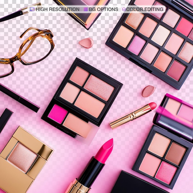 Vibrante collezione di trucco su sfondo rosa