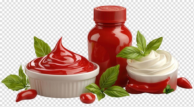 PSD vibrante condimento de ketchup y mayonesa con albahaca y pimientos frescos
