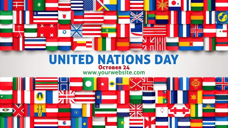 Vibrante diseño de pancartas del Día de las Naciones Unidas con banderas y símbolos