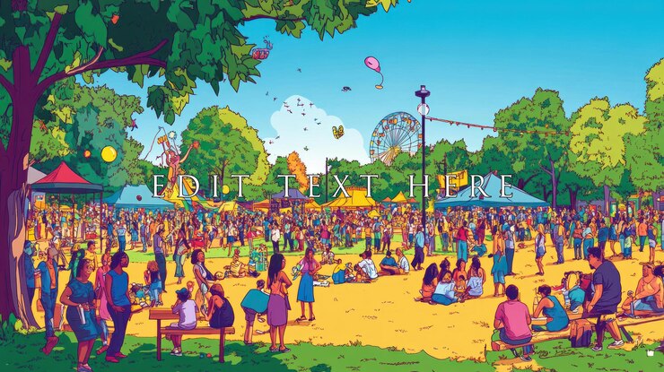 PSD vibrante escena de un festival de verano en un parque con personas disfrutando de juegos de comida y paseos bajo cielos soleados