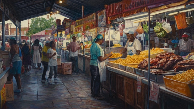 PSD vibrante escena de mercado al aire libre llena de gente navegando por diversos puestos de comida que ofrecen costillas de maíz y verduras