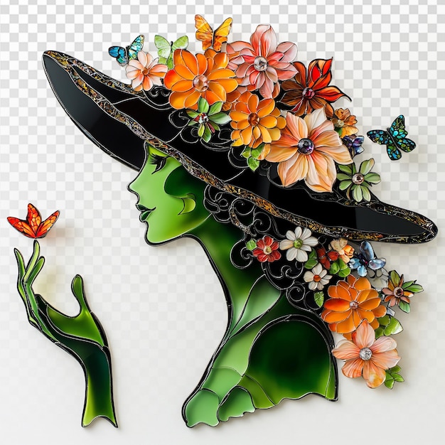 Vibrante escultura de vidriera de mujer con sombrero
