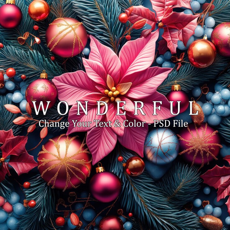 PSD una vibrante flor de poinsettia rosada rodeada de adornos navideños bayas de acebo y ramas de hoja perenne creando un arreglo festivo y alegre de vacaciones
