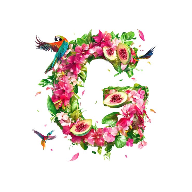 PSD vibrante floral letra g com pássaros tropicais e guava