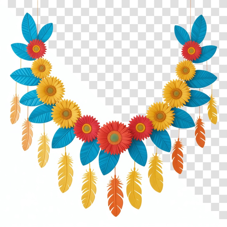 PSD vibrante guirnalda floral con plumas para la decoración