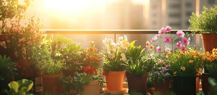 PSD un vibrante jardín en el balcón bañado en la luz del sol dorada