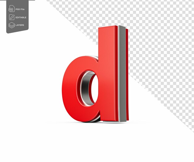 La vibrante letra pequeña roja d brilla con su elegante diseño metálico con bordes afilados Ilustración 3D