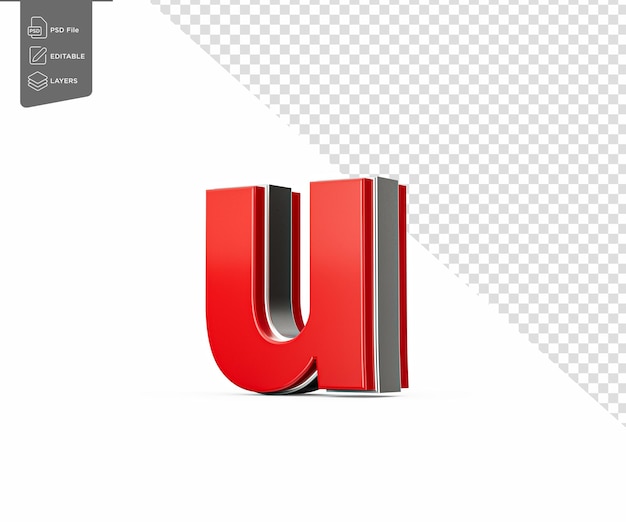Vibrante letra roja pequeña u brilla con su elegante diseño metálico con bordes afilados Ilustración 3D