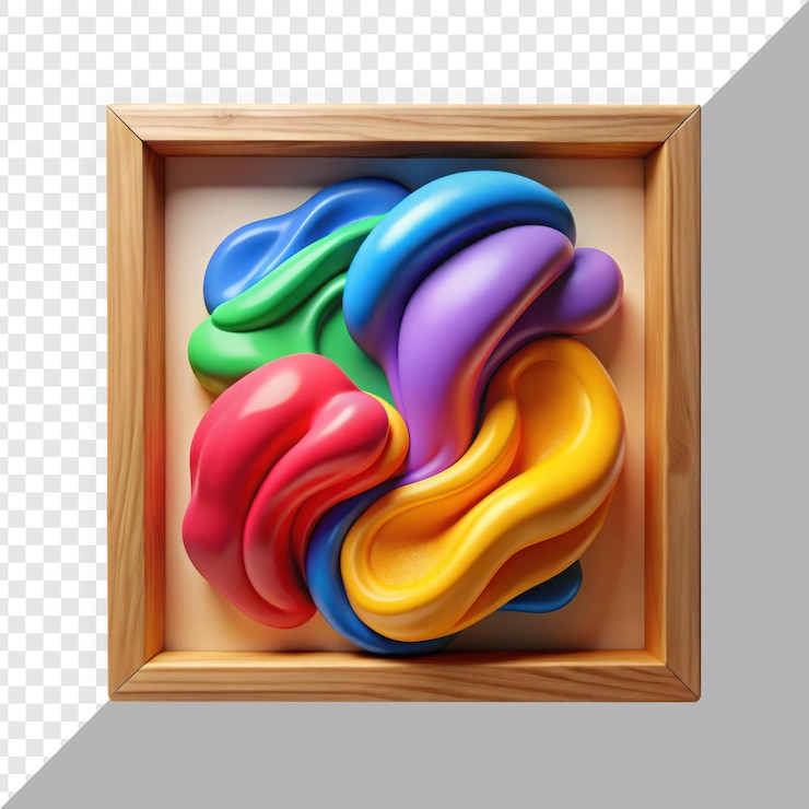 PSD vibrante opera d'arte astratta con forme fluide colorate in una cornice di legno moderna espressione artistica