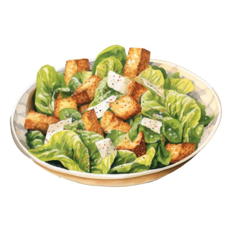 PSD una vibrante pintura en acuarela de una ensalada césar en un cuenco con croutons y lechuga