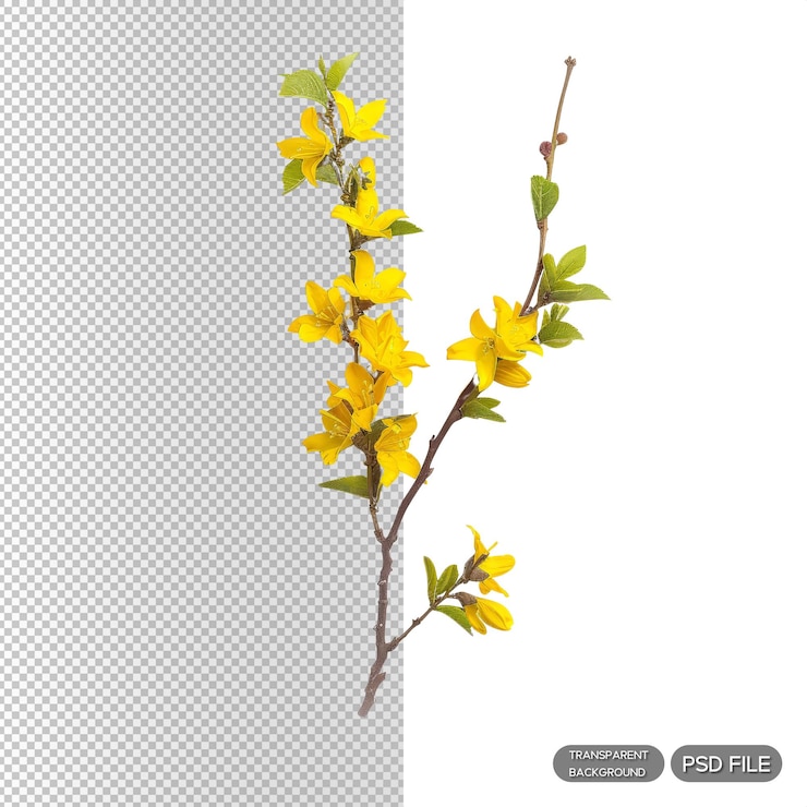 PSD vibrante rama de forsythia amarilla aislada sobre un fondo blanco perfecta para diseños botánicos y de temática natural