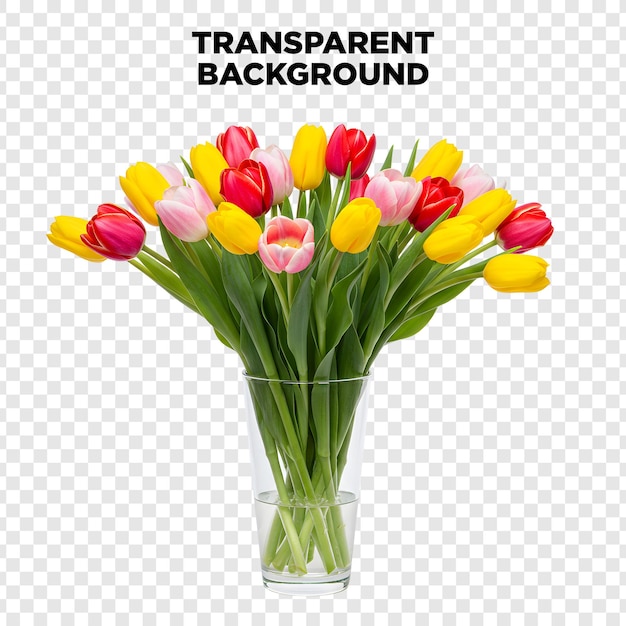 Un vibrante ramo de tulipanes de colores en un jarrón transparente