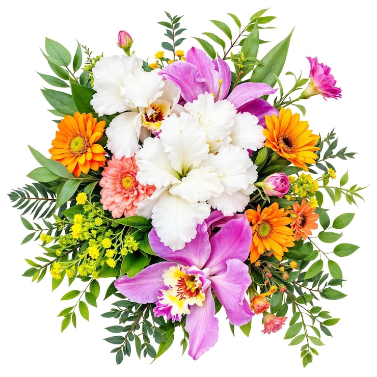 PSD un vibrante ramo de varias flores de colores, incluidos lirios blancos orquídeas púrpuras