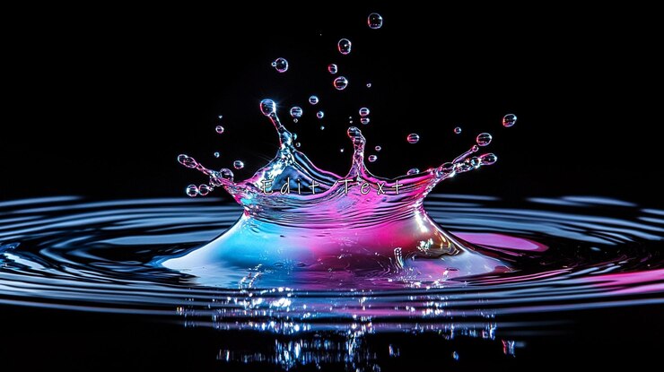 PSD vibrante rosa y azul gota de agua salpicadura corona sobre fondo negro