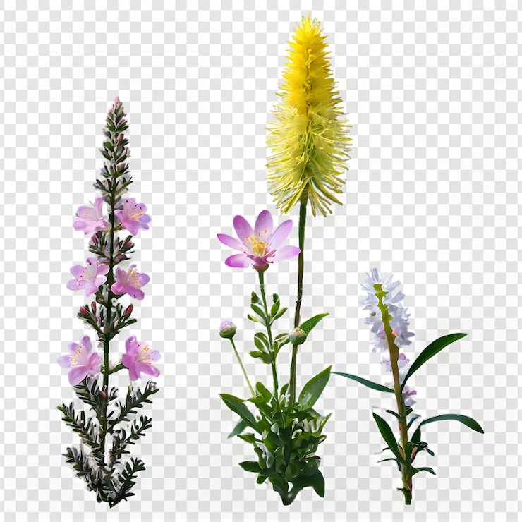 PSD una vibrante variedad de flores silvestres en una detallada exhibición botánica
