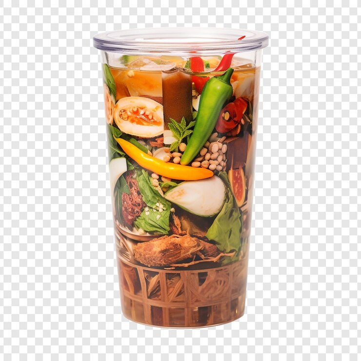PSD el vibrante vaso de comida de tailandia se muestra en una tabla de madera aislada sobre un fondo transparente
