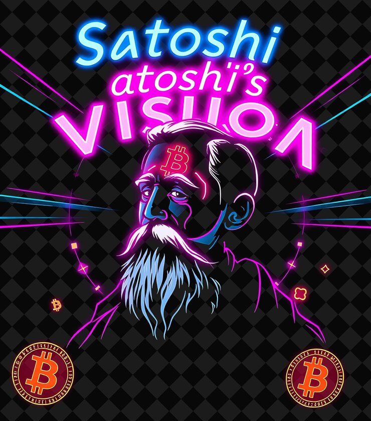 PSD vibrante visión de satoshi rayo de texto en neón índigo y rosa caliente brillante retrato del creador de bitcoin a