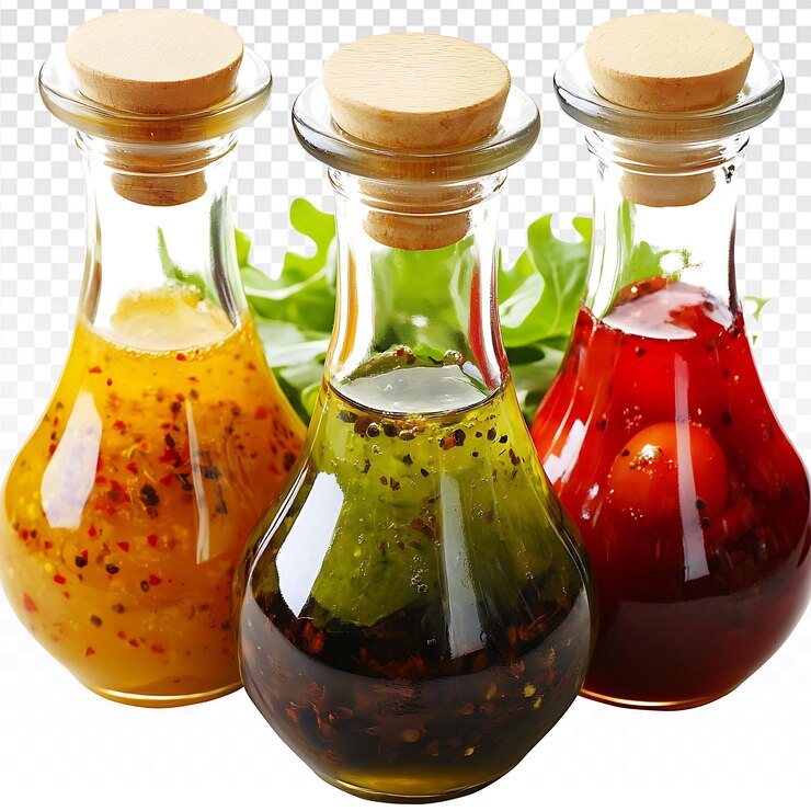 PSD vibrantes aderezos para ensaladas a base de aceite en frascos de vidrio