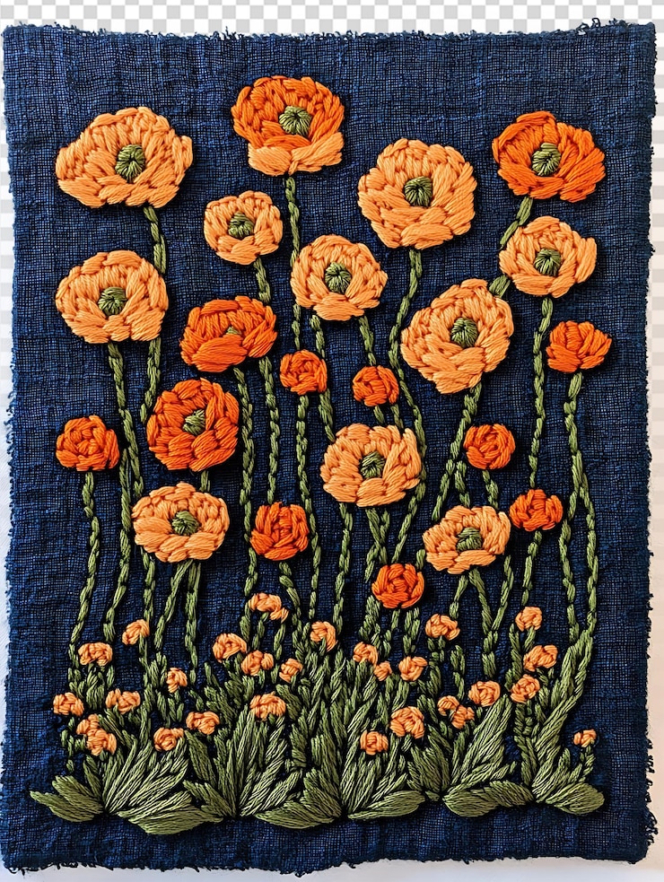 PSD vibrantes amapolas naranjas bordadas en lino azul oscuro