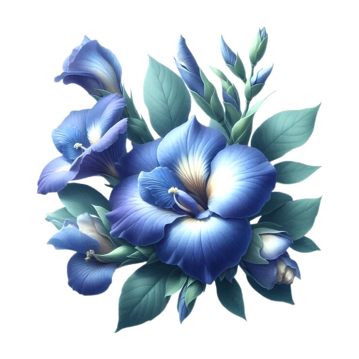 PSD vibrantes flores de guisante mariposa azul en plena floración aisladas en blanco