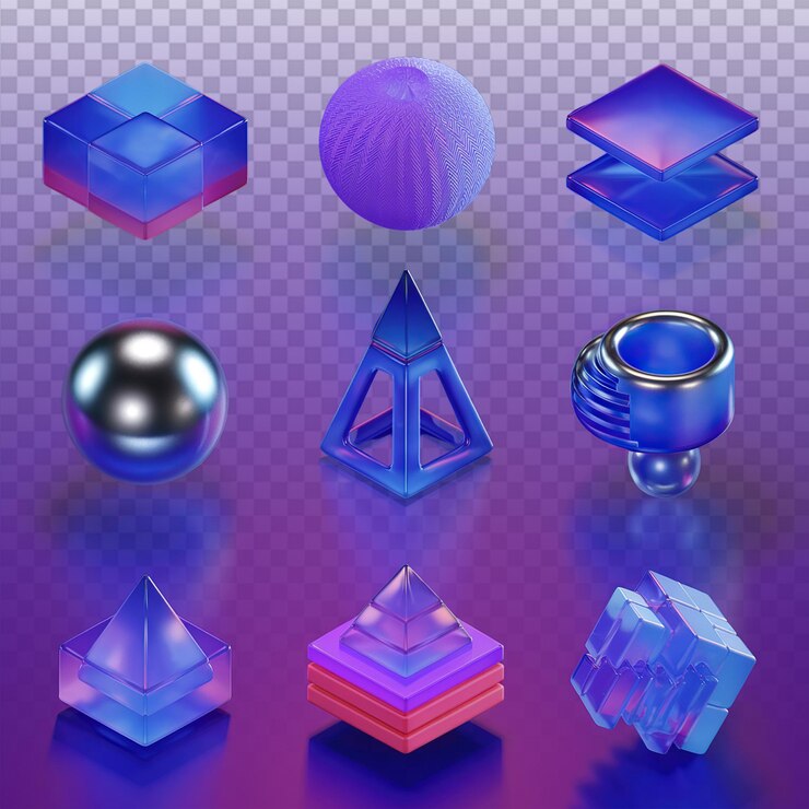 PSD vibrantes formas geométricas 3d en un fondo púrpura profundo