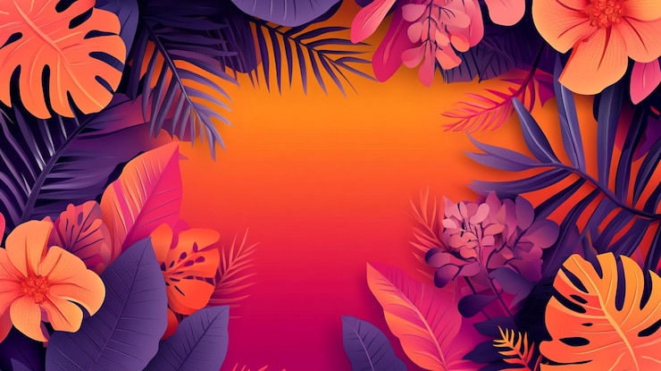 PSD vibrantes hojas y flores tropicales enmarcan un fondo de gradiente cálido