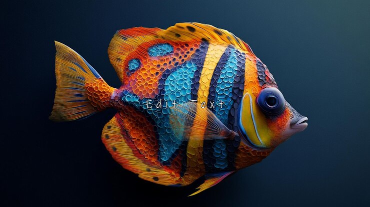 PSD vibrantes peces de color naranja azul y amarillo con escamas intrincadas contra un fondo oscuro