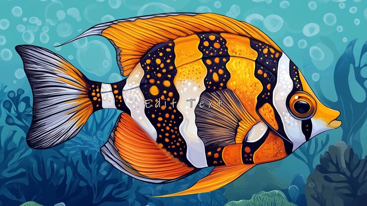 PSD vibrantes peces tropicales naranjas y negros nadando en el océano