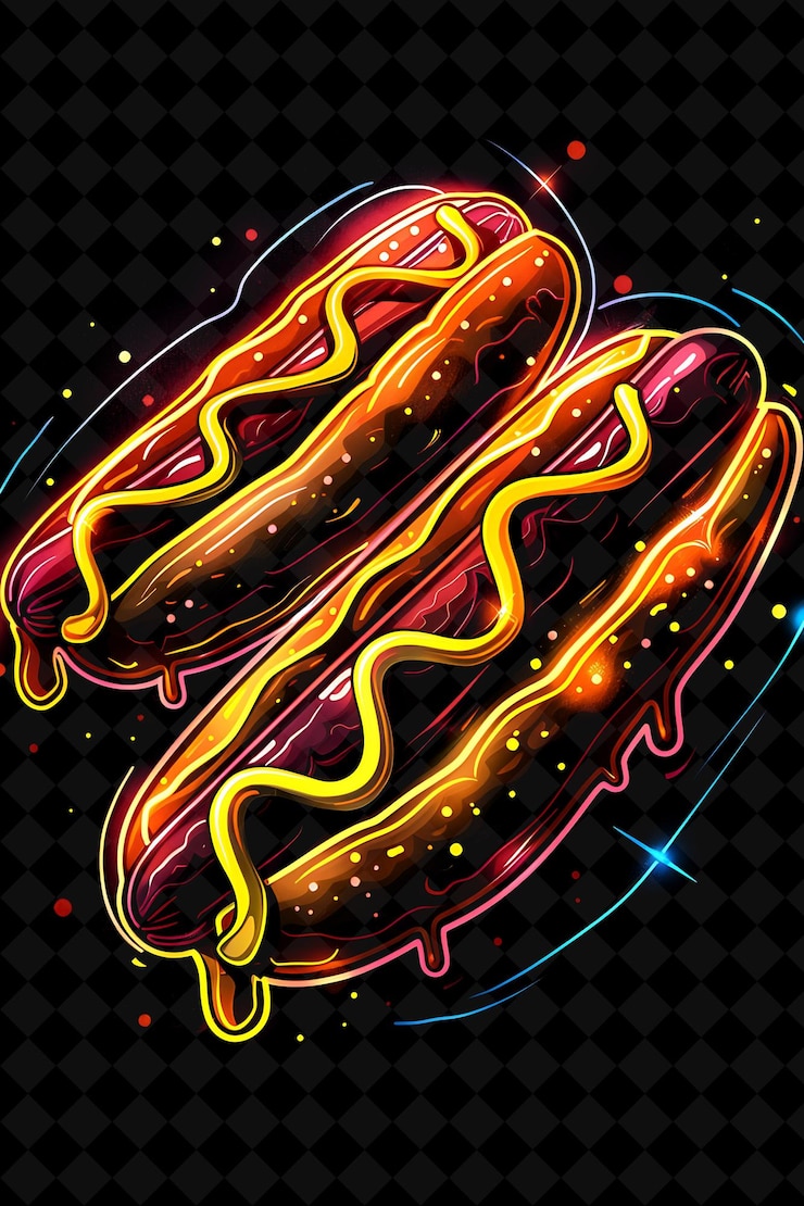 PSD vibrantes perritos calientes de neón con mostaza goteando y olorando caliente d color neón comida bebida colección y2k